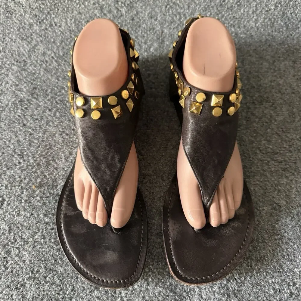 Tory Burch Leather Studded Gladiator Sandal Thong Cuff Ankle Wrap Brown Size 10M